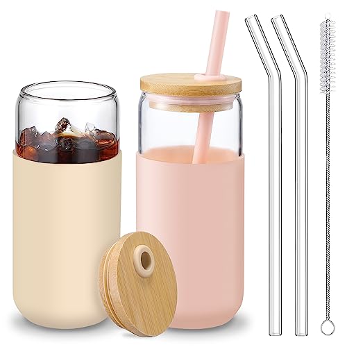 VITEVER 20 OZ Glass Cups with Bamboo Lids and Straws - Beer Can Drinking Glasses with Silicone Protective Sleeve Set, Iced Coffee Glasses, Cute Tumbler Cup for Water, Tea, Gift - Pink, Amber - color: Amber Pink