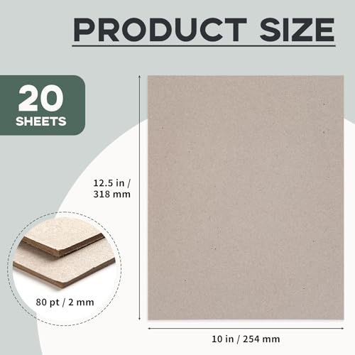 Goefun 20 Pcs 12.5x10 Thick Chipboard | Heavy-Duty 80pt/2mm Grey Bookboard Chip Board for Book Binding, Photo Backing, Crafts & DIY Projects - size: 12.5x10