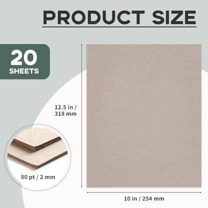 Goefun 20 Pcs 12.5x10 Thick Chipboard | Heavy-Duty 80pt/2mm Grey Bookboard Chip Board for Book Binding, Photo Backing, Crafts & DIY Projects - size: 12.5x10