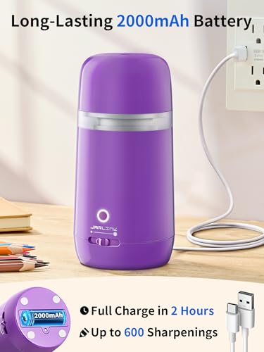 JARLINK Automatic Electric Pencil Sharpener - Hands-Free Operation, 3 Sharpness Modes, 3-Second Sharpening, Rechargeable & Portable for 7-12mm Pencils, Ideal for Classroom and Home Use (Purple) - color: Purple