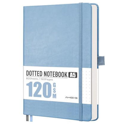 AHGXG Dotted Journal Notebook, 160 Numbered Pages, A5 Medium Size (5.7'' x 8.3''), 120 GSM Thick Paper, Leather Hardcover, for Journaling, Planning, Tracking (Light Blue) - color: Light Blue, style: Dotted