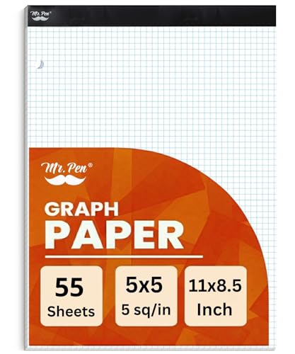 Mr. Pen- Graph Paper Pad, 8.5x11 Inches, 5x5 (5 Squares per Inch) | 55 Sheets, 3-Hole Punched, Ideal for Math, Graphing and Sketching, Grid Paper for Students, Engineers, Artists - color: White, size: 8.5"x11", 5 sq/in