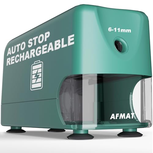 AFMAT Electric Pencil Sharpener, Cordless & Rechargeable, Heavy Duty Classroom Pencil Sharpeners for 6-11mm Pencils, Auto Stop, 2s Fast Sharpening, Battery Powered, 10,000 Sharpenings, Green, PSD3 - color: Green