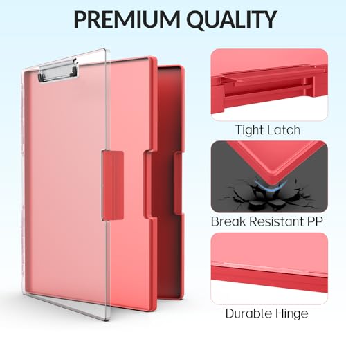 Sooez Clipboard with Storage, Heavy Duty Cleaview Clip Boards 8.5x11 with Dual Storage, Dry Erase Plastic Nursing Clipboard, High Capacity Clipboards Folder for Teacher Nurse, School & Office Supplies - color: Red