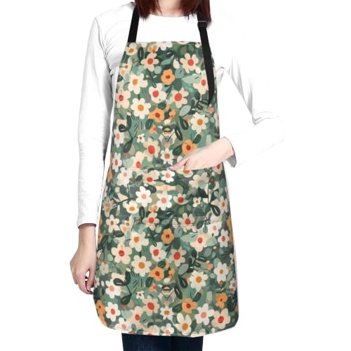 Fresh Meadow Floral Waterproof Apron with Pockets | Housework Aprons for Men Women Adjustable Bib Apron for Cooking Kitchen Baking BBQ Painting Garden Oil Resistant - color: Sage Ditsy Floral