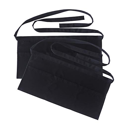 Resist water 3 big Pockets Waist Server Apron Kitchen Restaurant Unisex Half Aprons - color: Black