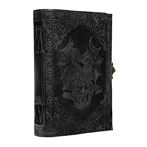 AzureGreen DOUBLE DRAGON Blank Page BOOK Handcrafted Leather Writing Unlined 5 x 7 JOURNAL - color: Royal Black