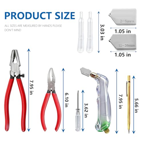 10pcs Heavy Duty Glass Cutting Tool Kit, Curve Jaw Glass Running Pliers Breaker Grozer Pliers, Pencil Style Oil Feed Carbide Tip Glass Cutter for Stained Glass Mosaics Mirror Tiles Breaking