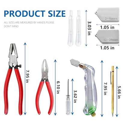 10pcs Heavy Duty Glass Cutting Tool Kit, Curve Jaw Glass Running Pliers Breaker Grozer Pliers, Pencil Style Oil Feed Carbide Tip Glass Cutter for Stained Glass Mosaics Mirror Tiles Breaking