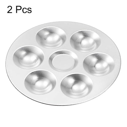 HARFINGTON 2pcs Aluminum Round Paint Mixing Pallet, 5.4" 6 Wells, Silver, for Acrylic Oil Watercolor Artist DIY Painting
