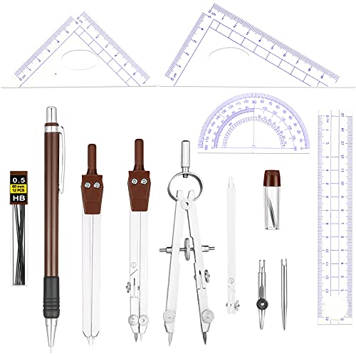 Outus 13 Pcs Geometry Set for Students Metal Compass Math Protractor with Rulers Mechanical Pencil Lead Refills Storage Box of Protractors Kit for School Class Student Drafting Drawing