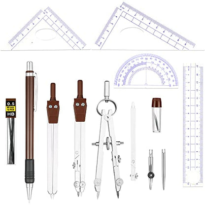 Outus 13 Pcs Geometry Set for Students Metal Compass Math Protractor with Rulers Mechanical Pencil Lead Refills Storage Box of Protractors Kit for School Class Student Drafting Drawing
