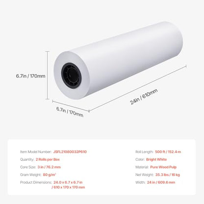 VEVOR Wide Format Paper, 24 in x 500 ft Plotter Paper, 2 Rolls CAD Bond Rolls with 3 in Core, 20 LB Bond Paper Rolls, Idea for CAD Drawings, Engineering Plans, GIS Maps & Architectural Designs - size: 24 in x 500 ft, style: 2 Rolls