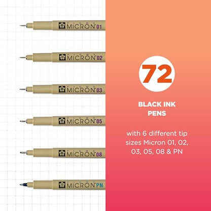 SAKURA Pigma Micron Black Ink Multi-tip Set, 72 Pen Count - size: 72 Count (Pack of 1)