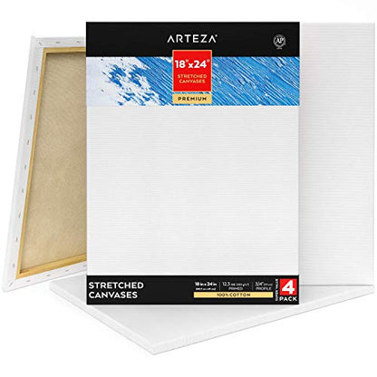 ARTEZA Premium Stretched Canvas, 18 x 24 Inches, Pack of 4, Blank White Canvas Boards for Acrylic, Oil and Gouache Painting - color: White - Premium, size: 18 x 24 (Pack of 4)