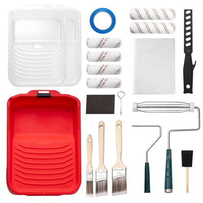 Mister Rui 20-Piece Paint Roller Kit, 9 Inch and 4 Inch Microfiber Roller Set with Paint Tray, Liners, Brushes, Drop Cloth and Tape for Walls, Ceilings, Trim and Home Painting