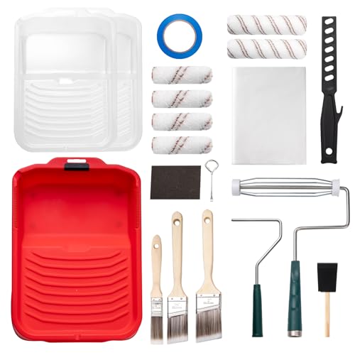 Mister Rui 20-Piece Paint Roller Kit, 9 Inch and 4 Inch Microfiber Roller Set with Paint Tray, Liners, Brushes, Drop Cloth and Tape for Walls, Ceilings, Trim and Home Painting
