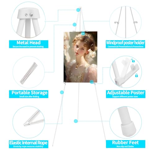 MXG Portable Folding Metal White Display Easel Stand for Sign, Painting & Poster, 66" Height Adjustable Acrylic Sign Holder with 4 Clips for Wedding, Office, Art Exhibition & Classroom - color: White
