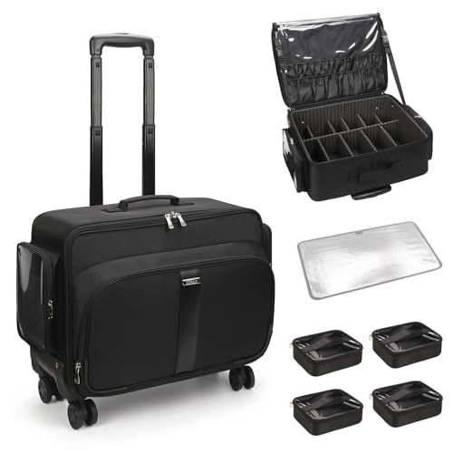 Large Rolling Makeup Case，Professional Makeup Artist Bag with 4 Small Bag Makeup Case, Adjustable Dividers, Portable Travel Supply Station for Cosmetics Storage Organizer Trolley Suitcase Makeup Cart - color: 01-Black with 4 makeup bags