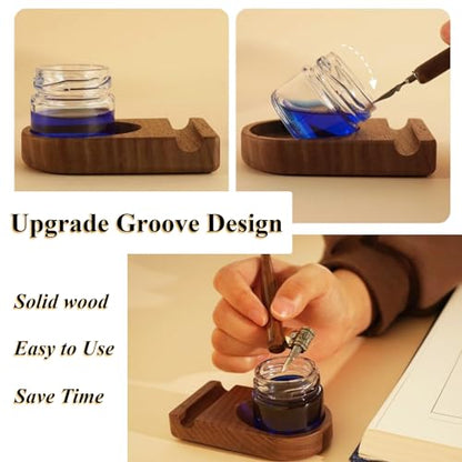 Upgrade Wooden Tilting Calligraphy Pen Holder with Empty Glass Ink Bottle Container, Calligraphy Oblique Nib Holder Stand Base Set Desktop Tabel Decoration - style: Upgraded One Glass Ink