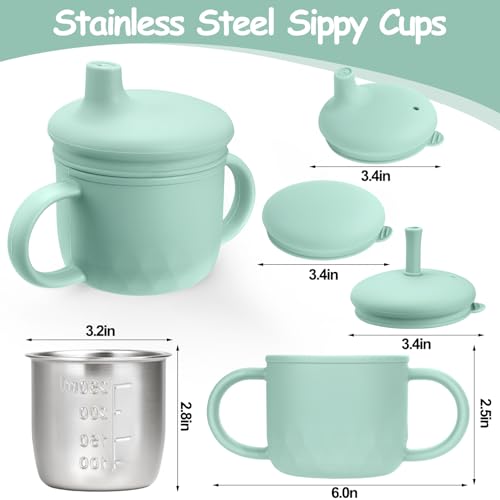 Mity rain 3-In-1 Stainless Steel Sippy Cup for 6+ Month Old, Baby Straw Cups for Toddlers 1-3 with Travel Lid, Silicone Straw, Replacement Straw & Cleaning Brush - 8oz Toddler Cups Spill Proof Set - color: Green