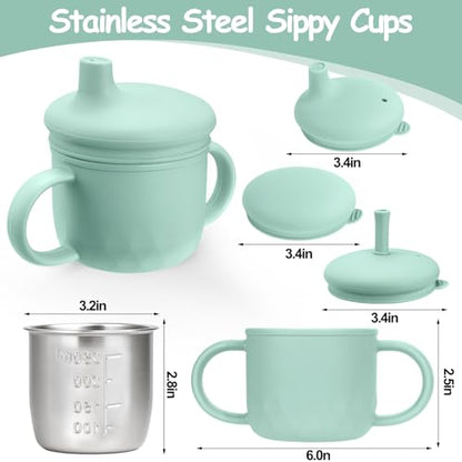 Mity rain 3-In-1 Stainless Steel Sippy Cup for 6+ Month Old, Baby Straw Cups for Toddlers 1-3 with Travel Lid, Silicone Straw, Replacement Straw & Cleaning Brush - 8oz Toddler Cups Spill Proof Set - color: Green