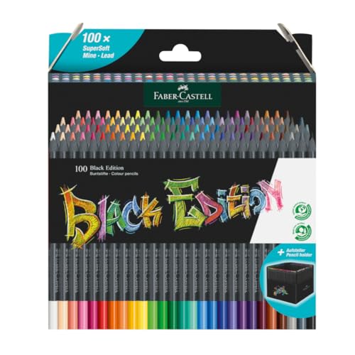 Faber-Castell Black Edition Colored Pencils Set | Back to School Supplies | Soft Core Pencils with Bold Pigment and Smooth Laydown, Ergonomic Grip, and Foldable Storage Sleeve (100 Count)