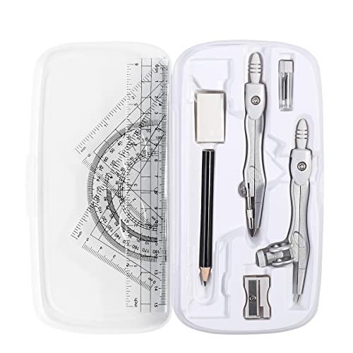 Vobou Math Geometry Kit Sets 10 Piece Student Supplies with Shatterproof Storage Box,Includes Rulers,Protractor,Compass,Eraser,Pencil Sharpener,Lead Refills,Pencil,for Drafting（White） - color: White