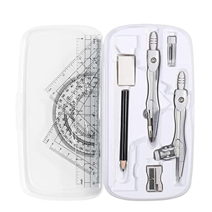 Vobou Math Geometry Kit Sets 10 Piece Student Supplies with Shatterproof Storage Box,Includes Rulers,Protractor,Compass,Eraser,Pencil Sharpener,Lead Refills,Pencil,for Drafting（White） - color: White
