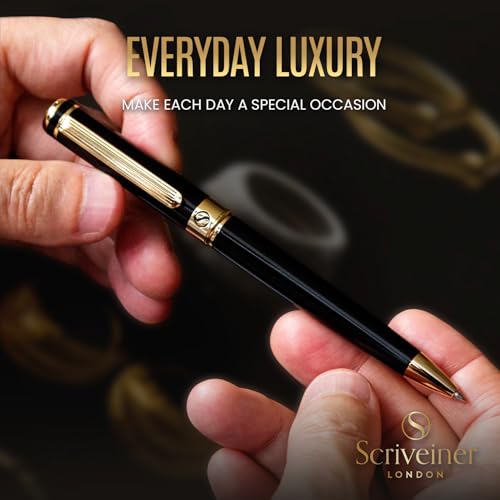 Scriveiner Black Lacquer Ballpoint Pen -Stunning Luxury Pen, Real Gold Plating, Schmidt Black Refill, Best Gift Set for Men & Women, Professional Executive Office, Nice Fancy Designer Pens - color: 1. Black with Gold