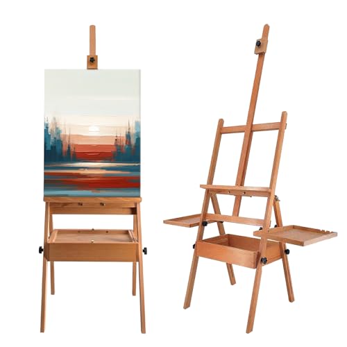 Beech Wood Painting Easel with Storage Drawer and 2 Palettes, H-Frame Adjustable Art Wooden Easel Stand with Signature Box for Adults, Students,Sturdy Canvas Holder up to 36'' - style: Easel Max