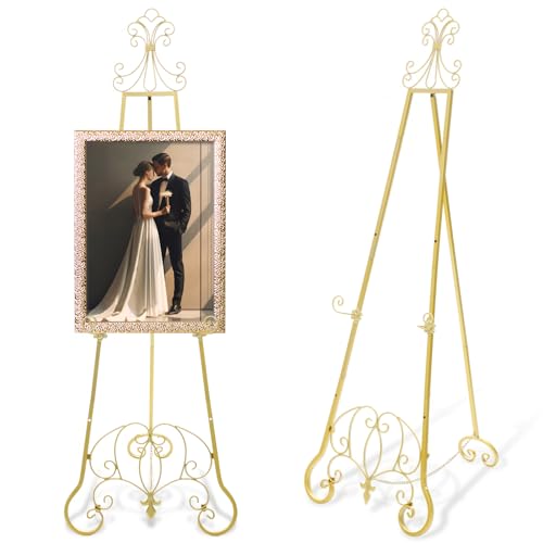 Gold Easel Stand for Wedding Sign, 57'' Adjustable Vintage Scroll Floor Display Stand with Chain Support for Welcome Poster, Photo, Art, Decorative Event Display - color: Gold, size: 57'' X 19''