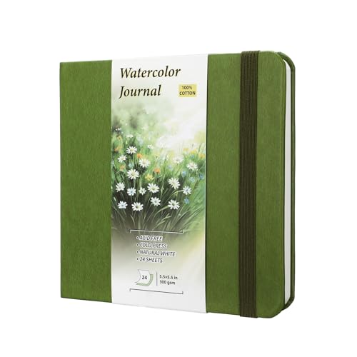 Watercolor Sketchbook Journal, 5.5" Square, 300 GSM Fine Grain Cold Press Paper, 48 Pages, 140lb Heavyweight Cotton Pad for Mixed Media, Gouache & Travel Sketching