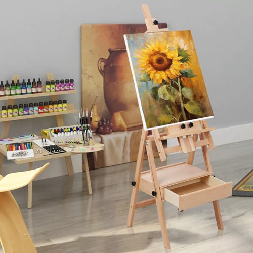 H Frame Easel Stand, Adjustable Beech Wood Studio Artist Painting Easel, Easel, Painting Canvas Holder, Tilts Flat Artist Easel Wooden Color