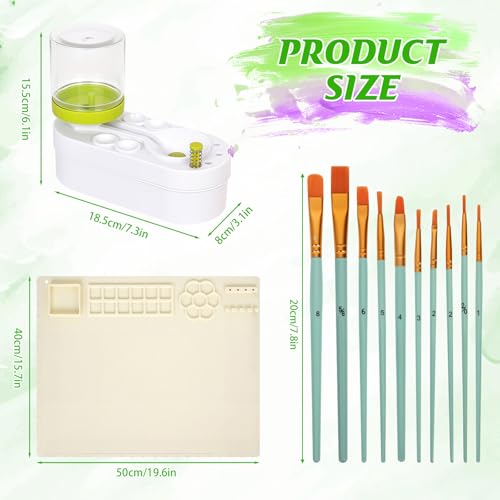 Painting Station, Paint Brush Cleaner (Pre-Assembled) and Silicone Painting Mat 20" X 16" Silicone Art Mat with 10 Paint Brushes for Artist Kids Adults Birthday Gifts (Green) - color: Green