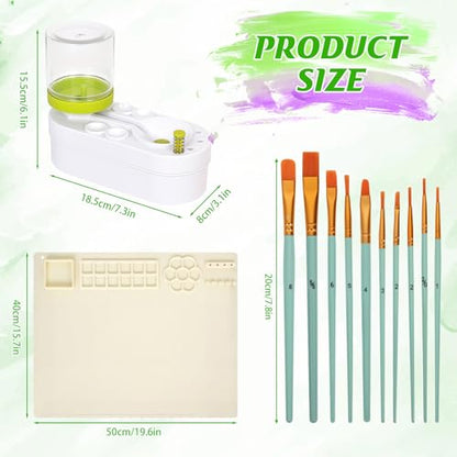Painting Station, Paint Brush Cleaner (Pre-Assembled) and Silicone Painting Mat 20" X 16" Silicone Art Mat with 10 Paint Brushes for Artist Kids Adults Birthday Gifts (Green) - color: Green