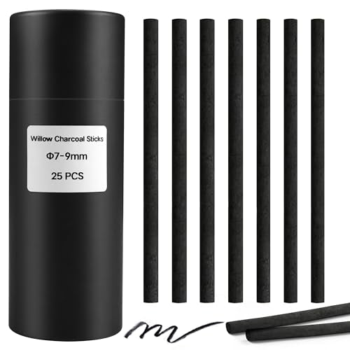 Willow Charcoal Sticks, Natural Willow Charcoal Pencils for Artists, Beginners, Students, Great for Sketching, Drawing, and Shading, Pack of 25 (7-9, Millimeters) - style: 7-9mm