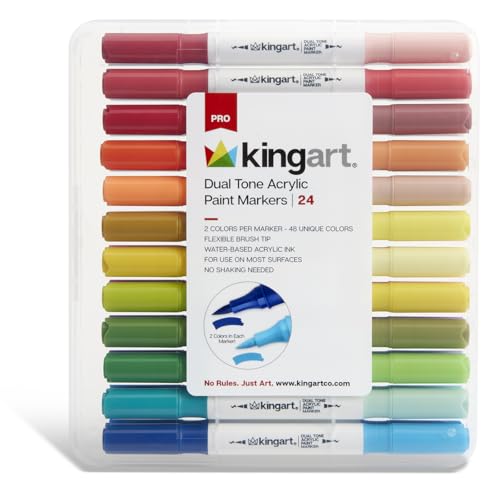 KINGART 24-Piece PRO Dual Tone Acrylic Paint Marker Set – 48 Unique Colors (2 per Pen) – Flexible Brush Tips for Smooth Lettering and Gradients – Water-Based Multi-Surface Art Marker Kit
