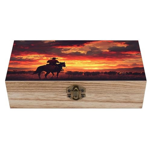 Vibrant Sunset Riding Cow Wooden Storage Box 7.9×3.9×2.3 Inch with Hinged Lid - Vintage Natural Wood Keepsake Trinket Storage Organizer Gift Box for Crafts Art Hobbies And Home Decoration Gift - color: Vibrant Sunset Riding Cow