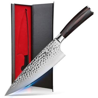 imarku 8 Inch Chef Knife, Hand-Hammered Japanese Kitchen Knife, High Carbon Steel Chef's Knife with Powder Steel Edge, Ultra Sharp Cooking Knife with Ergonomic Handle for Professional & Home Chefs - color: Silver