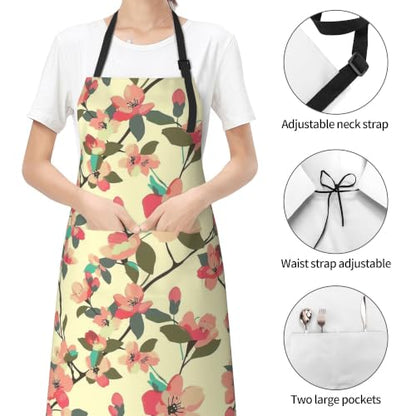 Cream Pastel Wildflower Art Waterproof Apron with Pockets | Garden Aprons for Men Women Adjustable Bib Apron for Cooking Kitchen Baking BBQ Painting Housework Oil Resistant - color: Apricot Blossom Boughs
