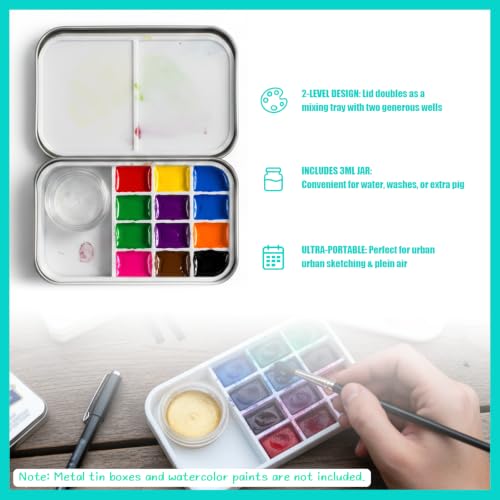 2 Level Watercolor Palette Compatible with Altoids Tins, Portable Travel Watercolor Palette with 3ml Jar, Empty Paint Wells and Mixing Trays for Travel Art, Urban Sketching, Plein Air
