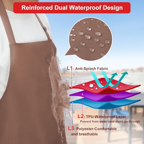 SHEOMERN Aprons for Men Kitchen Cooking – Waterproof & Oil Proof 3-Layer Long Pocket-Free Chef Apron for Grilling BBQ Baking – Gift for Men - color: Brown