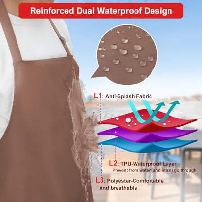 SHEOMERN Aprons for Men Kitchen Cooking – Waterproof & Oil Proof 3-Layer Long Pocket-Free Chef Apron for Grilling BBQ Baking – Gift for Men - color: Brown