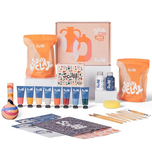 Sculpd - The Original Pottery Kit for Adults - Air Dry Clay for Adults, Tools, Varnish, Paints, Brushes, Couples Date Night Arts & Crafts Set, Gloss Varnish with Earth Tones - style: Gloss Varnish with Earth Tones