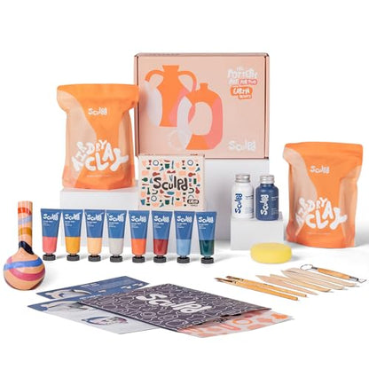 Sculpd - The Original Pottery Kit for Adults - Air Dry Clay for Adults, Tools, Varnish, Paints, Brushes, Couples Date Night Arts & Crafts Set, Gloss Varnish with Earth Tones - style: Gloss Varnish with Earth Tones