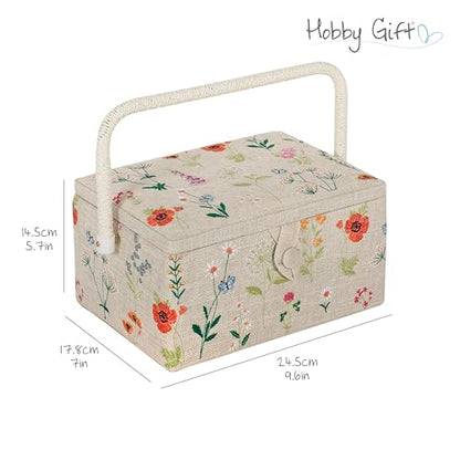 Hobby Gift Medium Sewing Box Organiser, Fabric Covered Storage Box with Handle, Internal Tray, Pin Cushion and Pocket for Sewing, Quilting and Knitting Supplies - color: Wild Flower