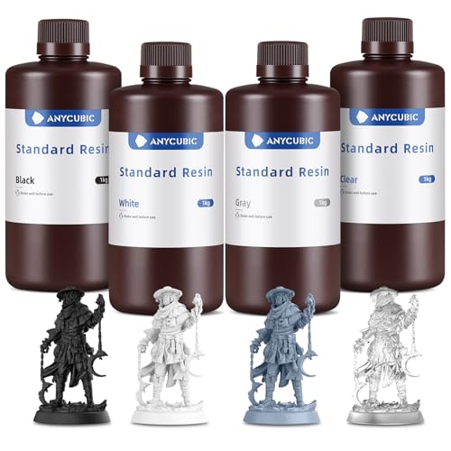 ANYCUBIC 3D Printer Resin Bundle, 405nm SLA UV-Curing Resin with High Precision and Quick Curing & Excellent Fluidity for LCD 3D Printing (Grey+Clear+White+Black,1kg per Bottle, 4kg in Total) - color: Grey+Clear+White+Black, size: 4kg