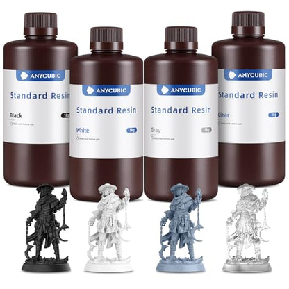 ANYCUBIC 3D Printer Resin Bundle, 405nm SLA UV-Curing Resin with High Precision and Quick Curing & Excellent Fluidity for LCD 3D Printing (Grey+Clear+White+Black,1kg per Bottle, 4kg in Total) - color: Grey+Clear+White+Black, size: 4kg