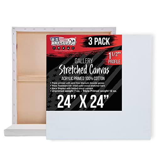 U.S. Art Supply Large Stretched Canvas for Painting 24x24 inch Gallery Depth 1-1/2" Thick, 3-Pack - 12oz Acrylic Gesso Triple Primed, Professional Artist Quality, 100% Cotton - Oil, Pouring Paint - size: 24" x 24"